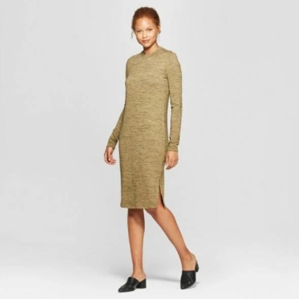 Prologue Long Sleeve high neck knit green Dress with slits